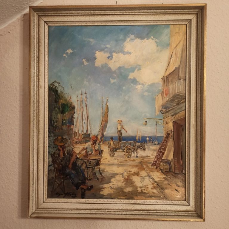 Ölgemälde signiert 50x40cm - Hafen Szene Italien - Hartfaserplatte, 50er/60e