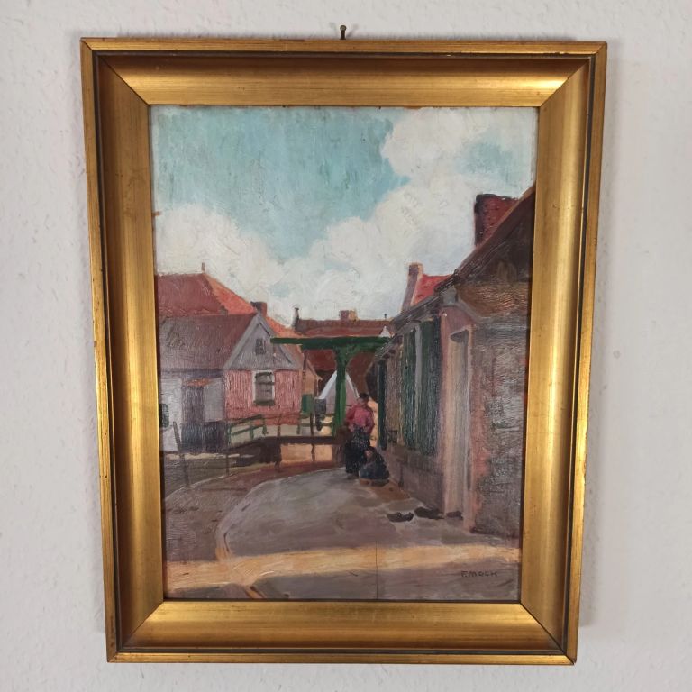 Ölgemälde Fritz Mock (1867–1919) Öl auf Holz "Straße in Volendam" Niederlande