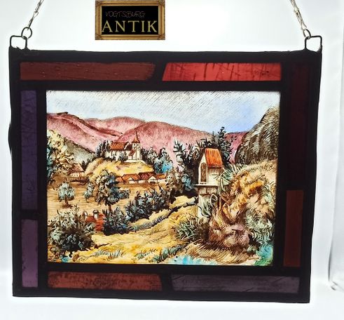Sehr schönes Fensterbild, bleiverglast.
Gemalte Landschaft