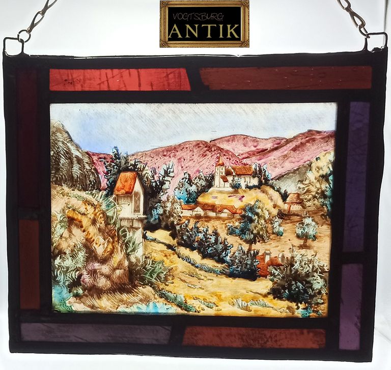 Sehr schönes Fensterbild, bleiverglast.
Gemalte Landschaft