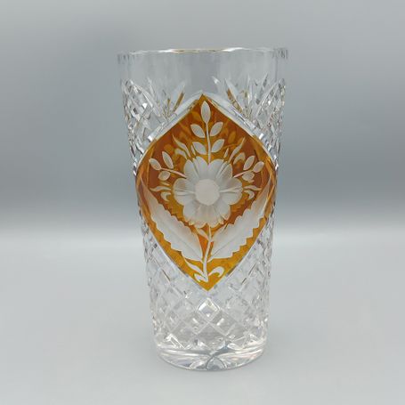 Vase mit Bernsteinätze & Brikettschliff, Josephinenhütte, Entw. S. Haertel, 1935