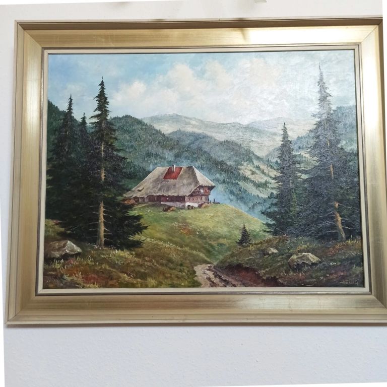 Großes Ölgemälde Signiert HEILIG Schwarzwald Todtnau Hütte Landschaft 101x80cm