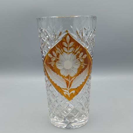 Vase mit Bernsteinätze & Brikettschliff, Josephinenhütte, Entw. S. Haertel, 1935