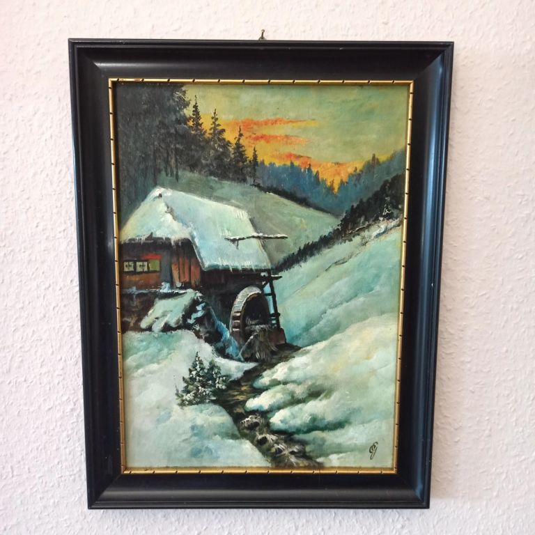 Winterlandschaft Ölgemälde Schwarzwald Mühle Signiert Freiburg 1925 Öl Karton